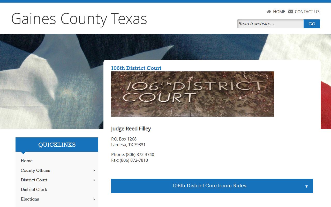 Official 106th District Court contact information for Gaines County
