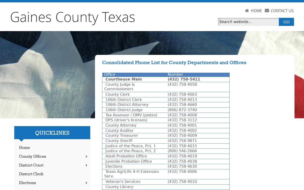 Official Gaines County phone directory with court and sheriff contacts