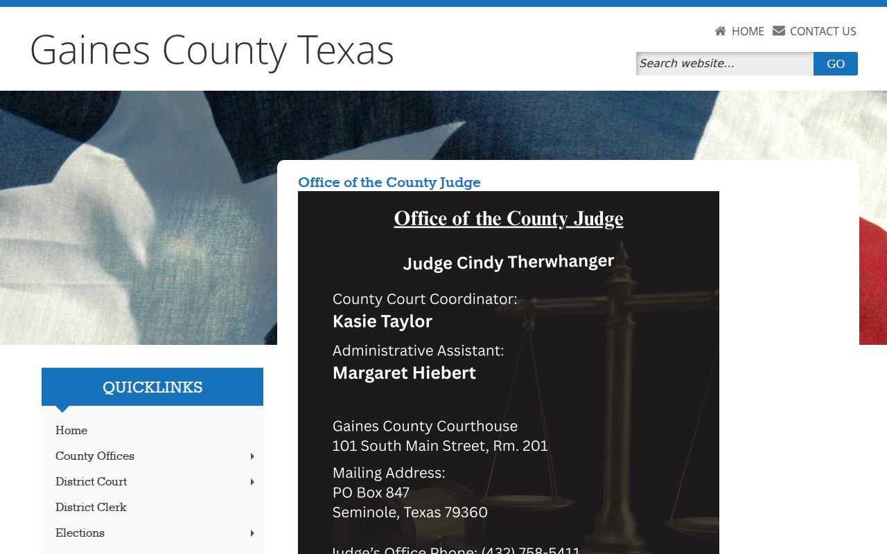 Gaines County Judge page with docket and counsel form links