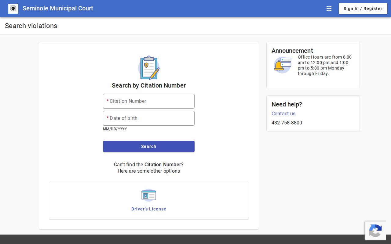 Seminole Municipal Court citation portal search options