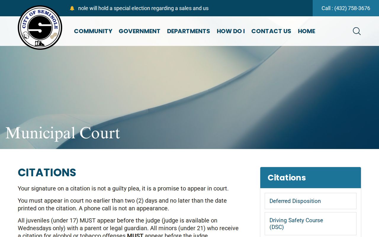 Seminole Municipal Court citation rules and failure-to-appear instructions
