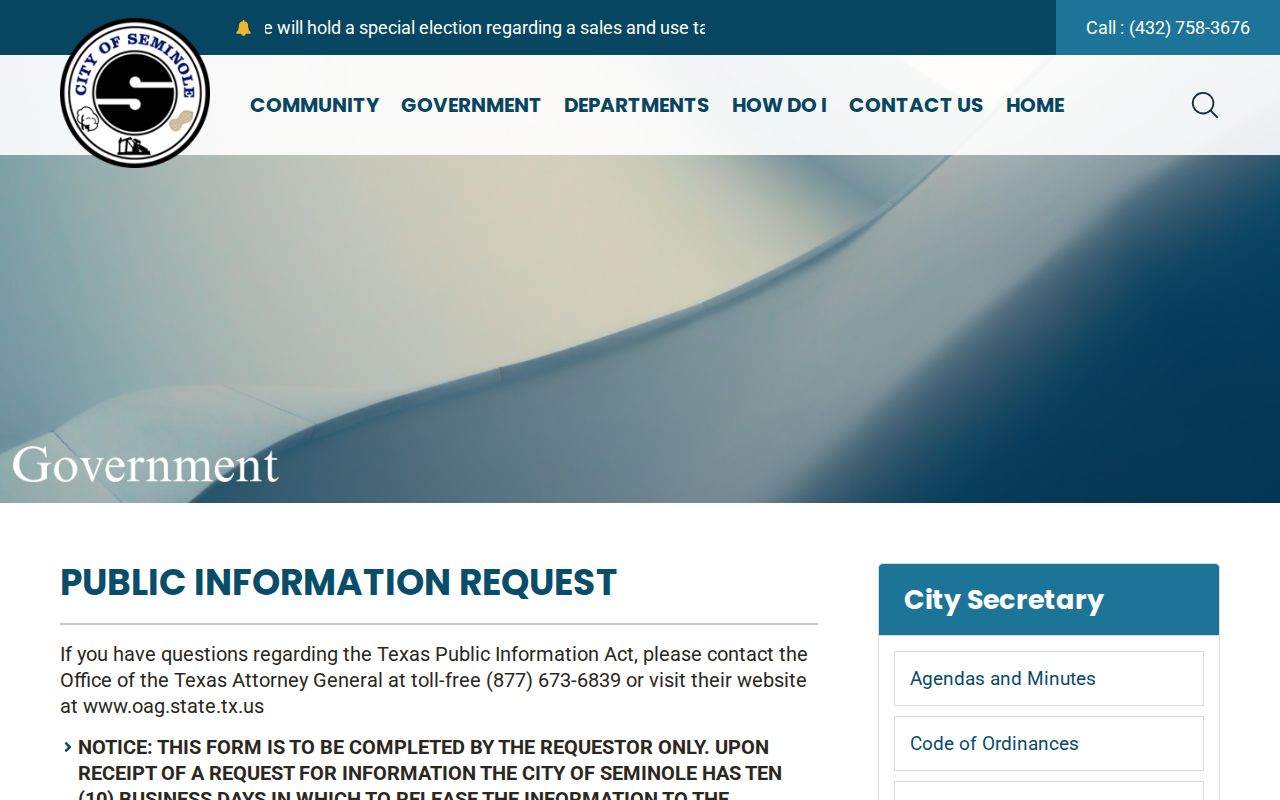 Seminole public information request form with redaction acknowledgement