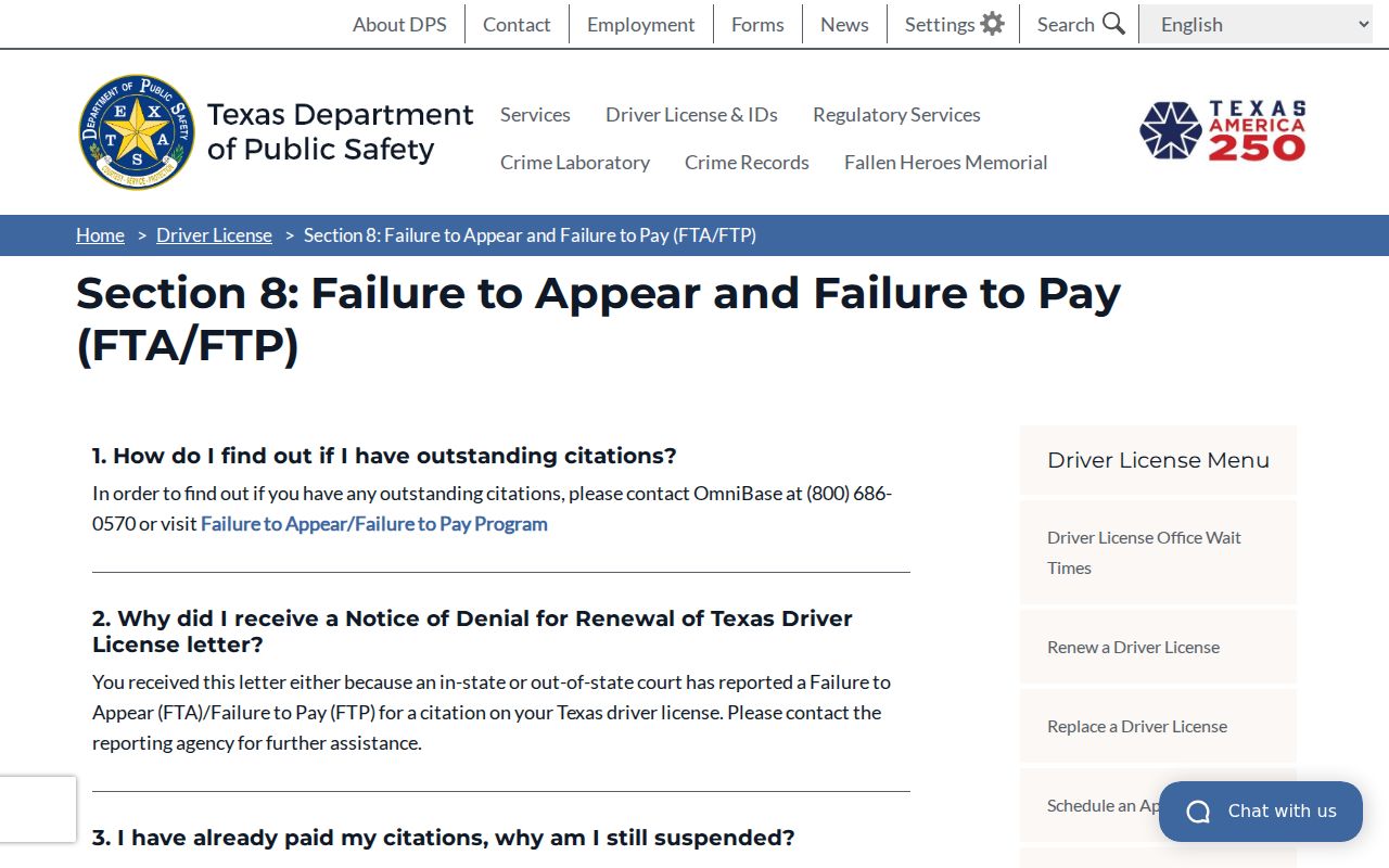 Texas DPS FAQ explaining that license staff cannot access warrant information