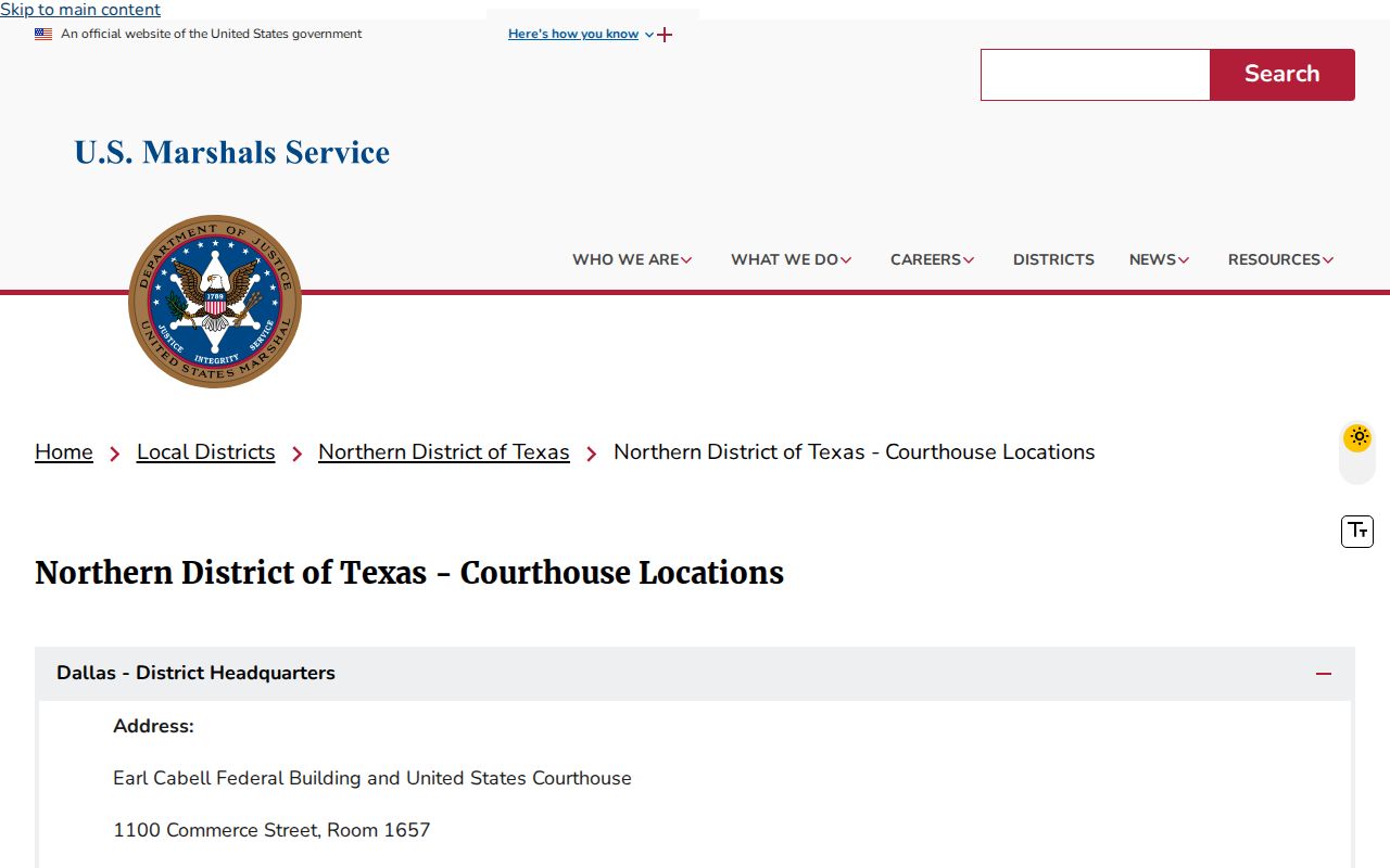 U.S. Marshals listing for the federal courthouse serving the Lubbock Division