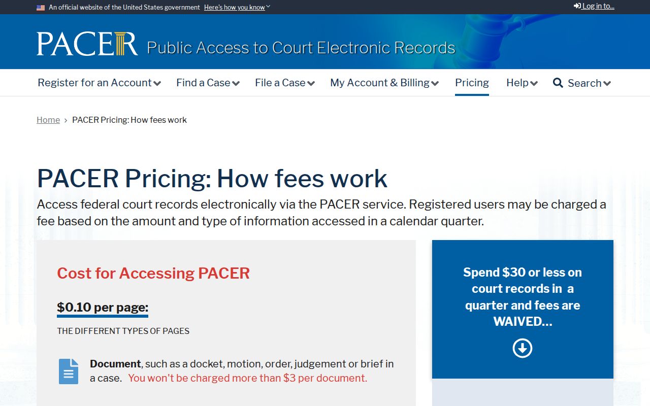 Official PACER page explaining federal docket search costs