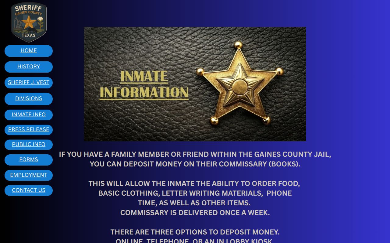Gaines County Sheriff's Office inmate information and custody-contact instructions